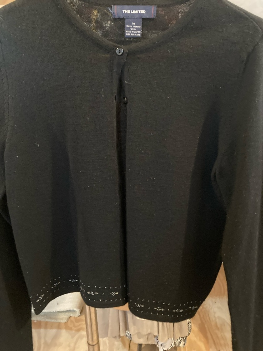 The Limited Black Crewneck Cardigan with Eyelet Hem